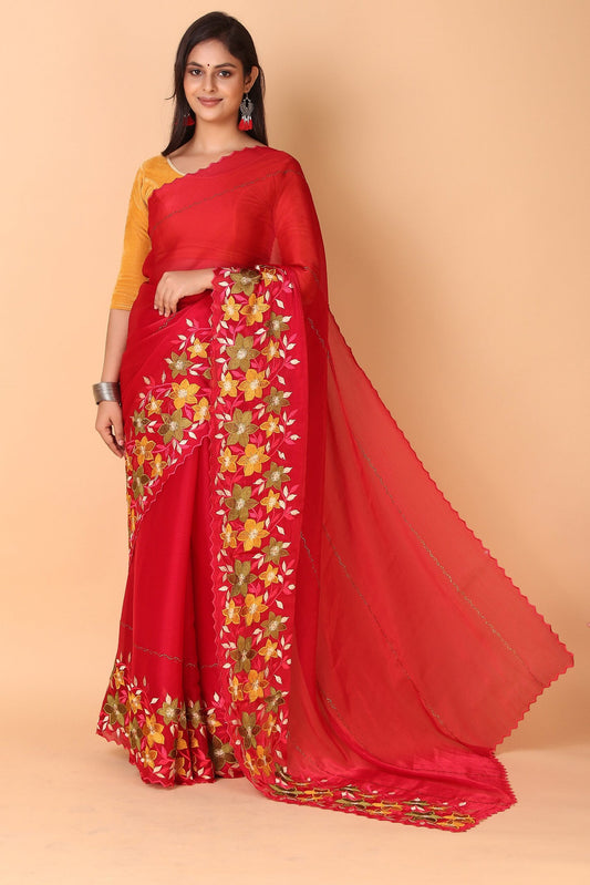 Raabta - Red Organza Silk Saree with thread embroidery