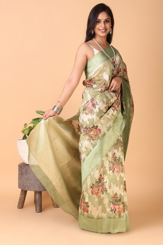 Qala - Green Khadi Silk Floral Print Saree