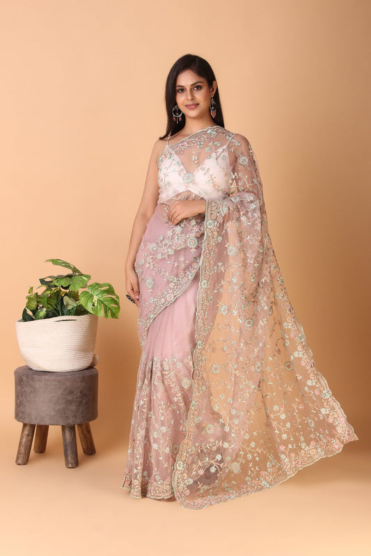 Shalimar - Pink Net Handwork Embroidered Premium Saree