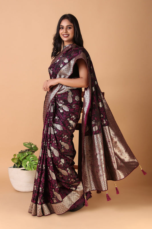 Ashwini - Classic Burgundy Banarasi Silk Saree with Golden Zariwork