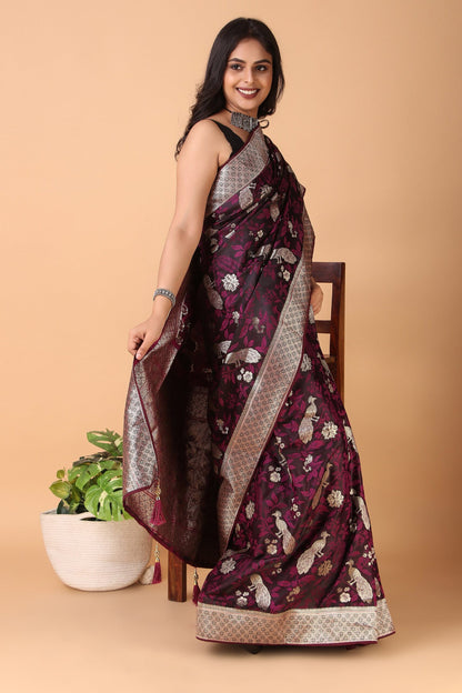 Ashwini - Classic Burgundy Banarasi Silk Saree with Golden Zariwork