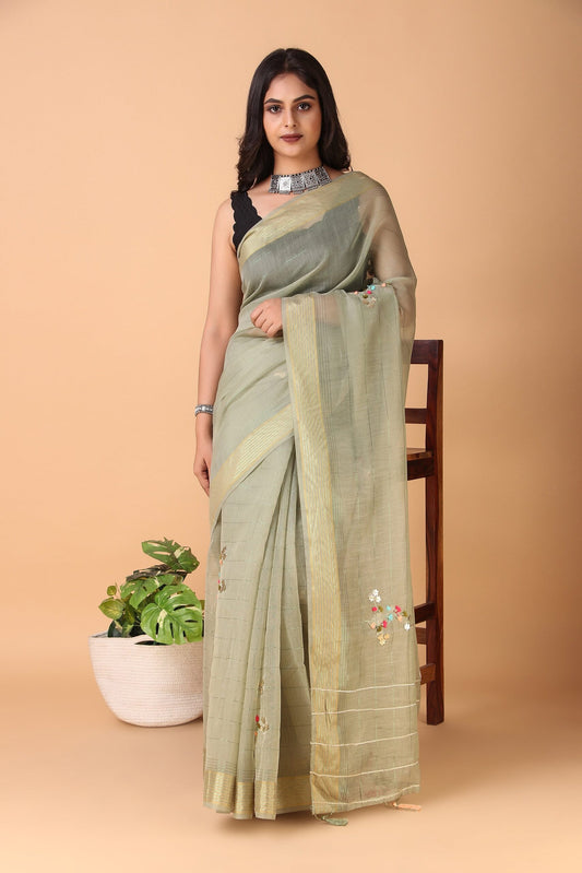 Raga Malhar : Green Cotton Silk Saree with Gotapatti Work