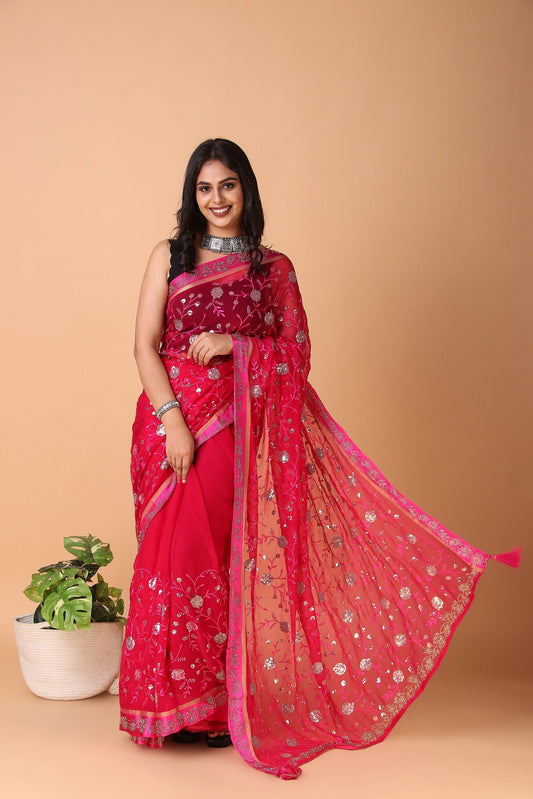 Raga Asavari - Pure Pink Chiffon Saree