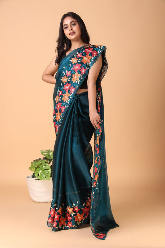 Rubaiyan - Blue Organza Silk Floral Thread Embroidered Saree