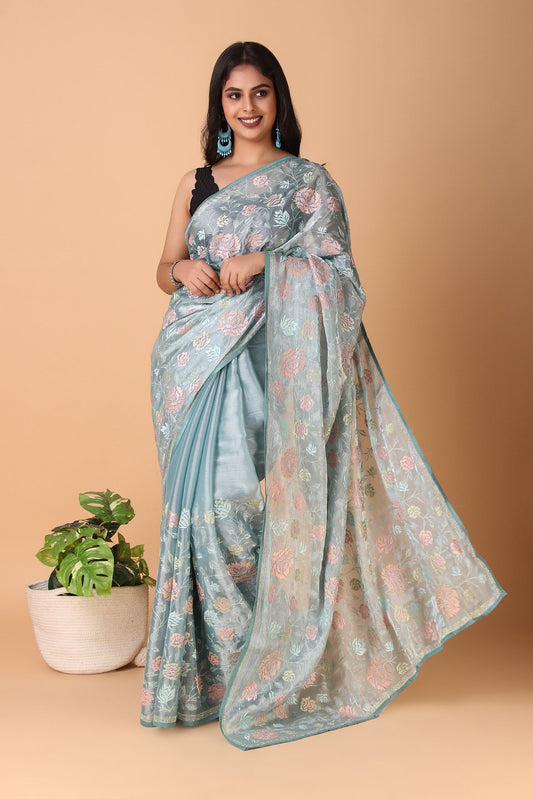 Jheel - Blue Organza Silk with Floral Embroidery Saree