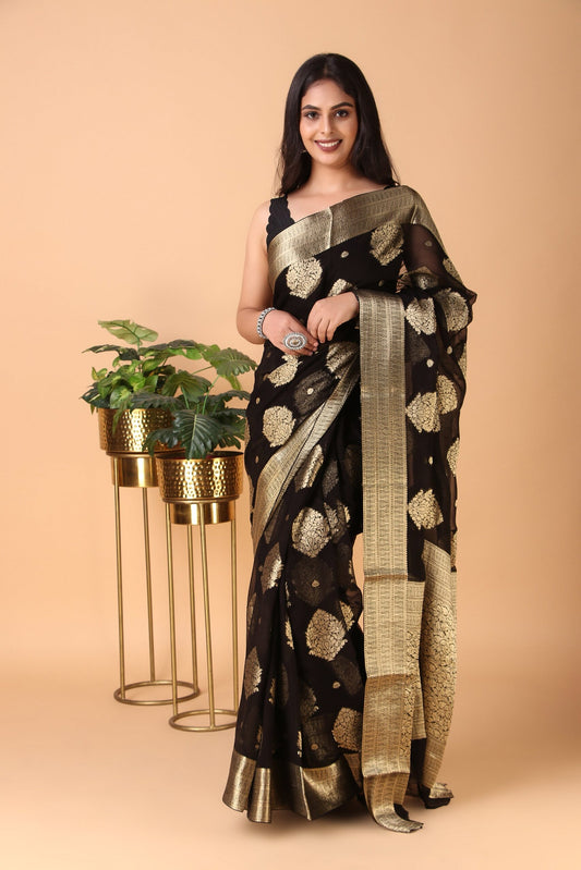 Lasya - Black Chiffon Floral Designer Wedding Saree