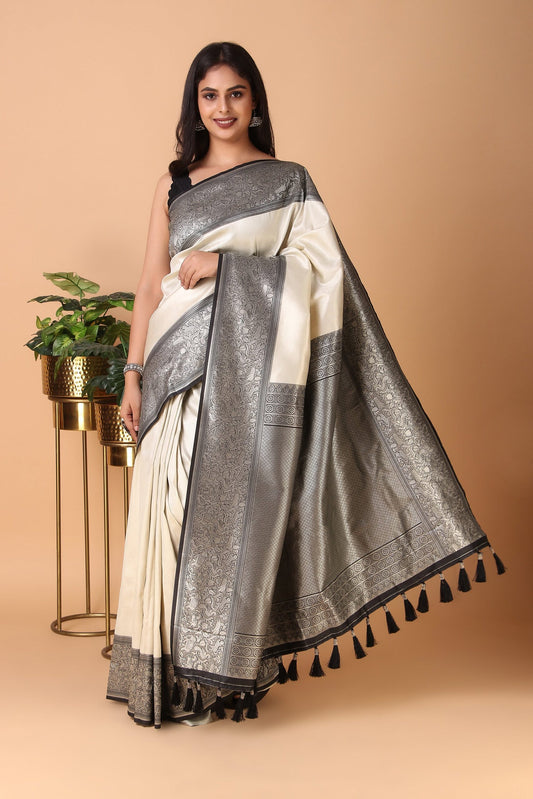 Mudra - Off white and Black Pure Silk Kanjivaram Saree