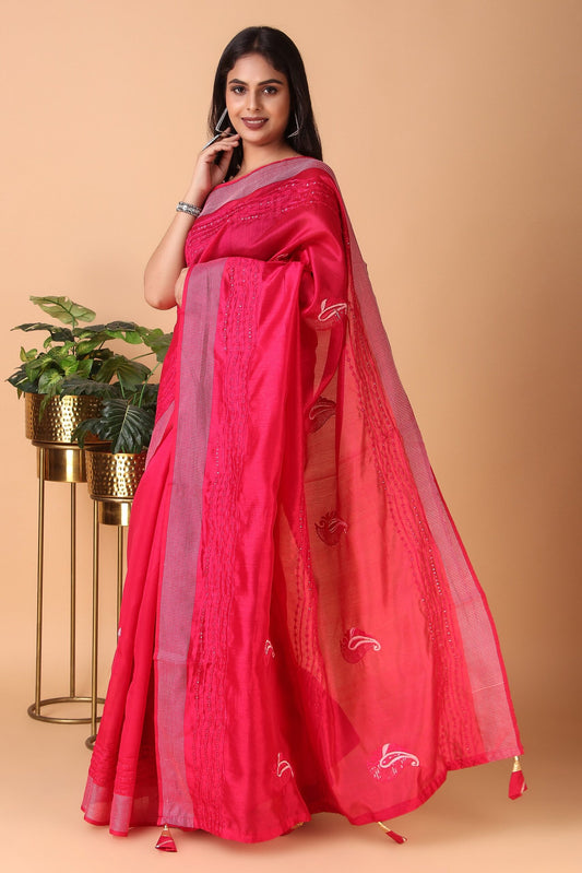 Raga Megh - Red Cotton Silk Thread Embroidery Saree
