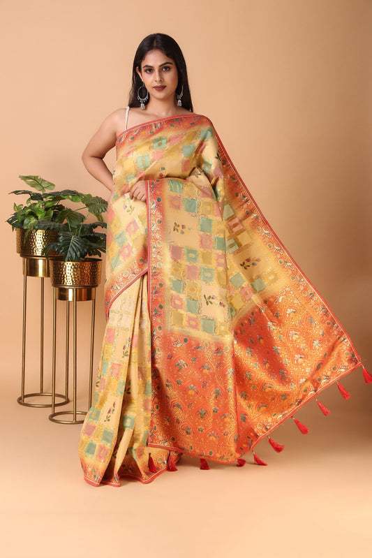Alaya - Beige Tussar Silk Screenprinted Multi-Colored Zari Woven Saree