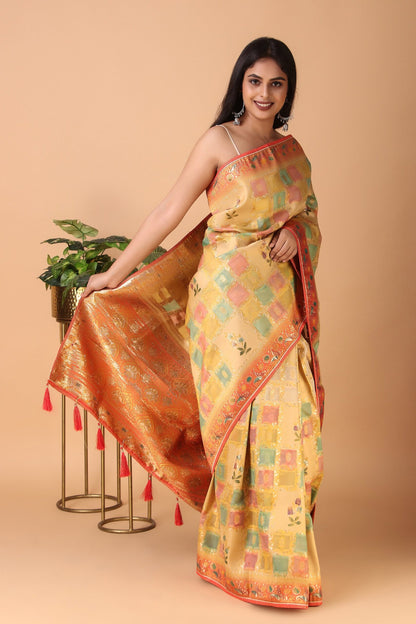 Alaya - Beige Tussar Silk Screenprinted Multi-Colored Zari Woven Saree