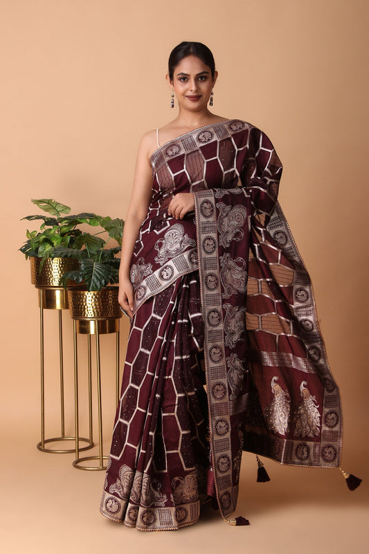 Advaita - Kora Silk Wine Woven Designer Saree