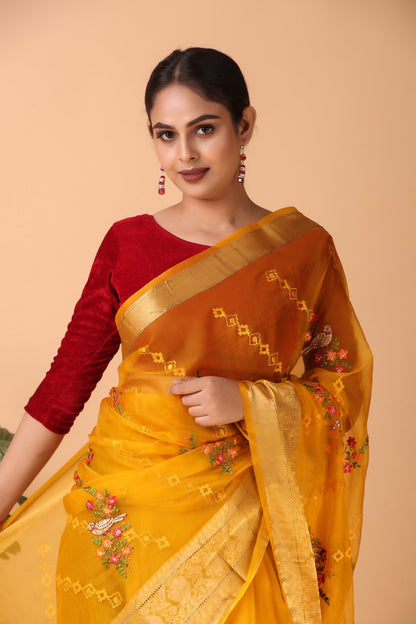 Atha - Yellow Organza Thread Embroidery Saree