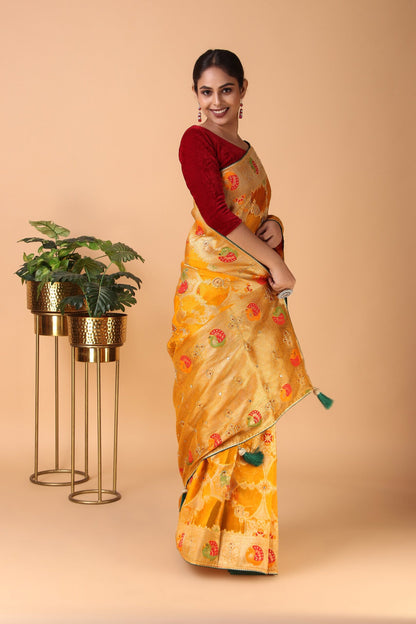 Aruna -  Yellow Organza Silk with Cut Dana Embroidery Brocade Saree