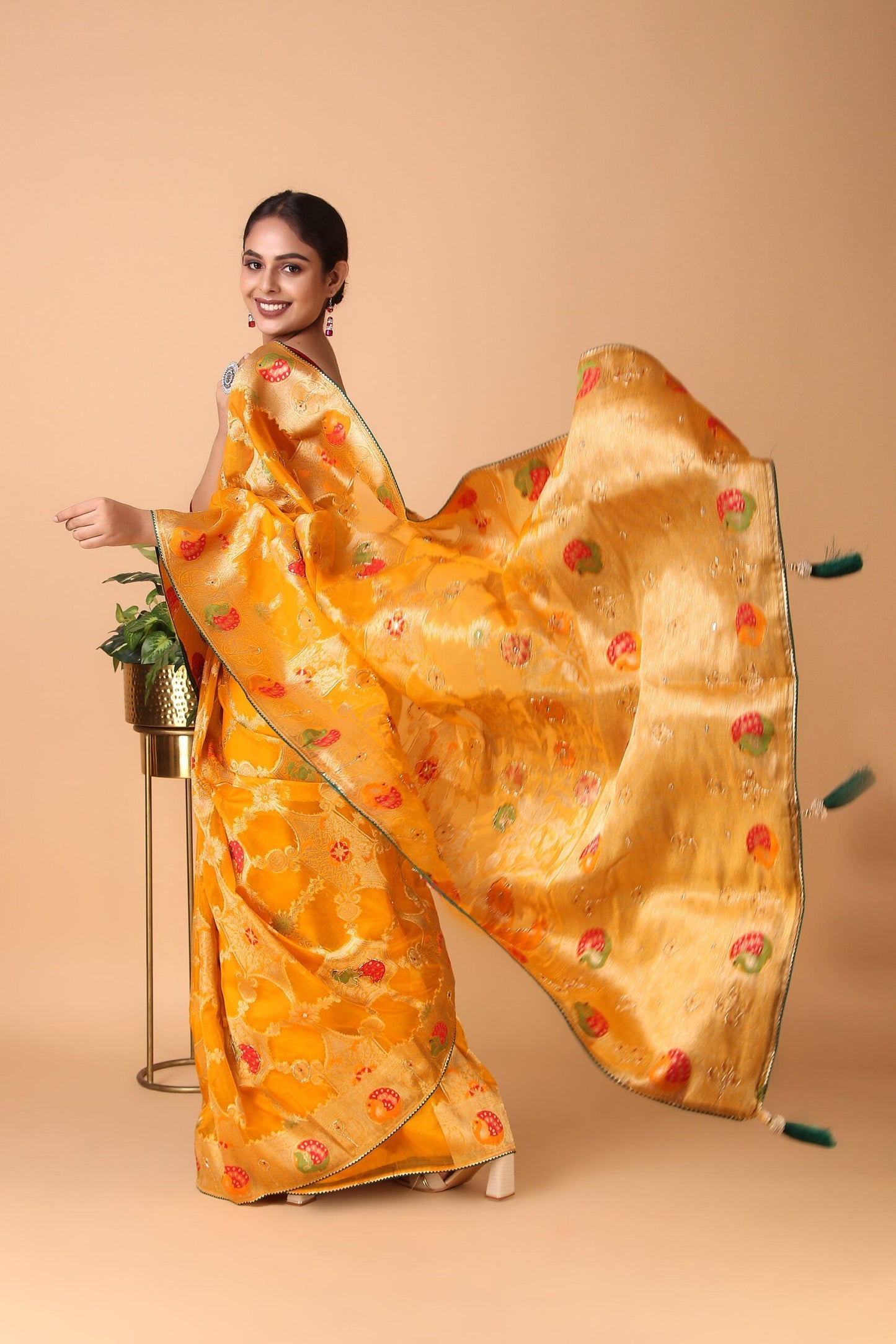Aruna -  Yellow Organza Silk with Cut Dana Embroidery Brocade Saree