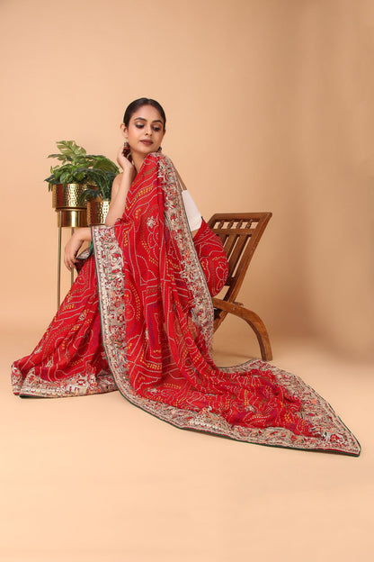 Ardhangini - Red Georgette Bandhani Print Saree