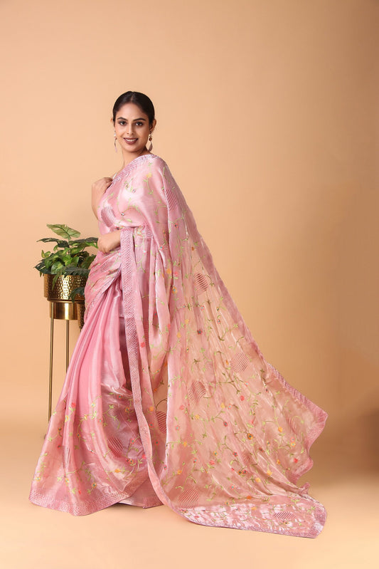 Rangoli - Pink Organza Embroidery Saree