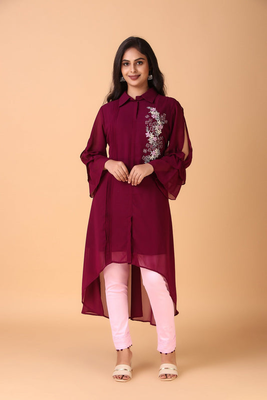 Kaveri - Maroon Georgette Kurta with Pink Stretchable Cotton Pants