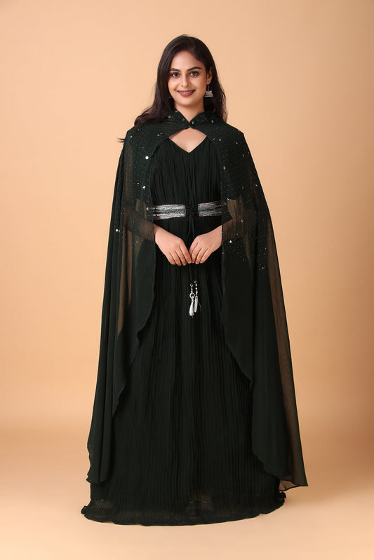 Libas - Green Wrinkled Chiffon Dress with Hand Embroidered Belt