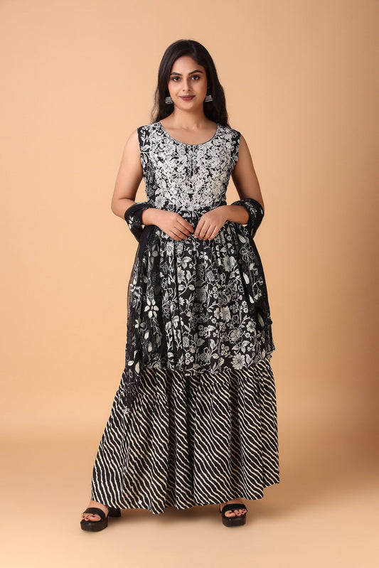 Chaya - Black Cotton Printed Sharara Suit